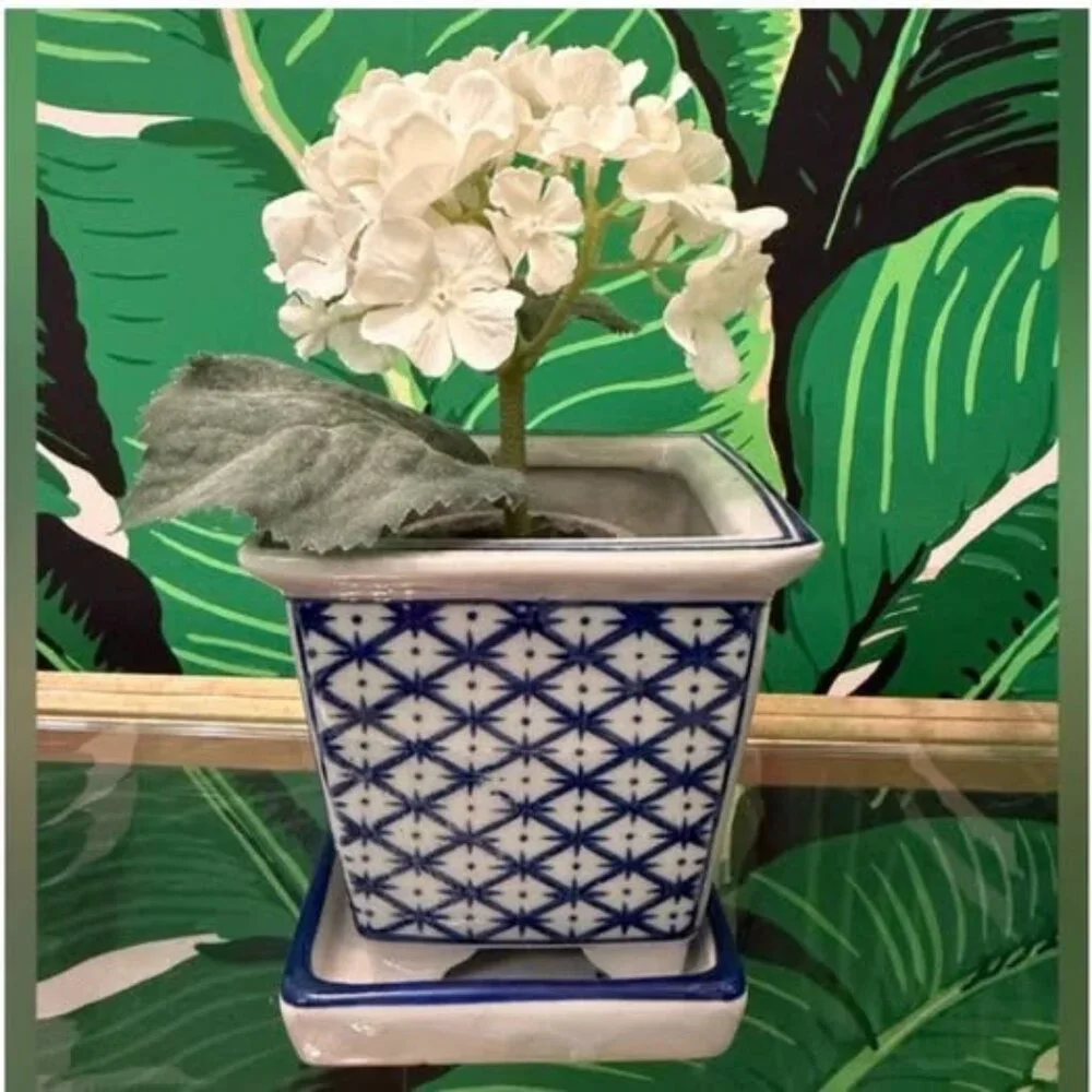 Society Social Faux White Hydrangea Blue White Ceramic Planter